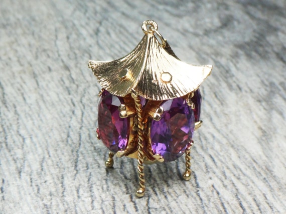 Vintage Large Gold Charm Pendant 14k Purple Sapph… - image 2
