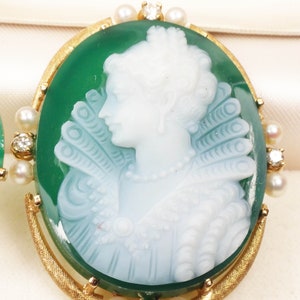 Vintage 14k Gold Green Hardstone Cameo Pendant Earrings Set: Pearl & Diamond Renaissance Revival image 3