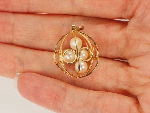 Vintage 18k Yellow Gold Cultured Pearl Ball Cage … - image 9