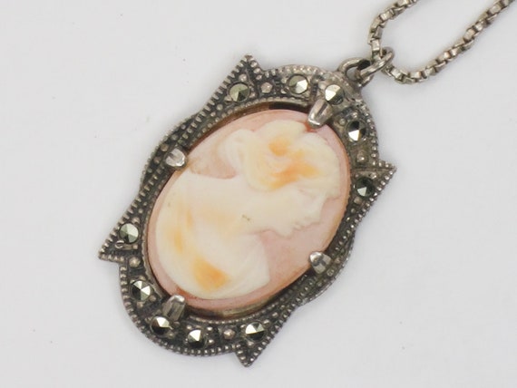 Vintage Sterling Silver Cameo Necklace with Marca… - image 3