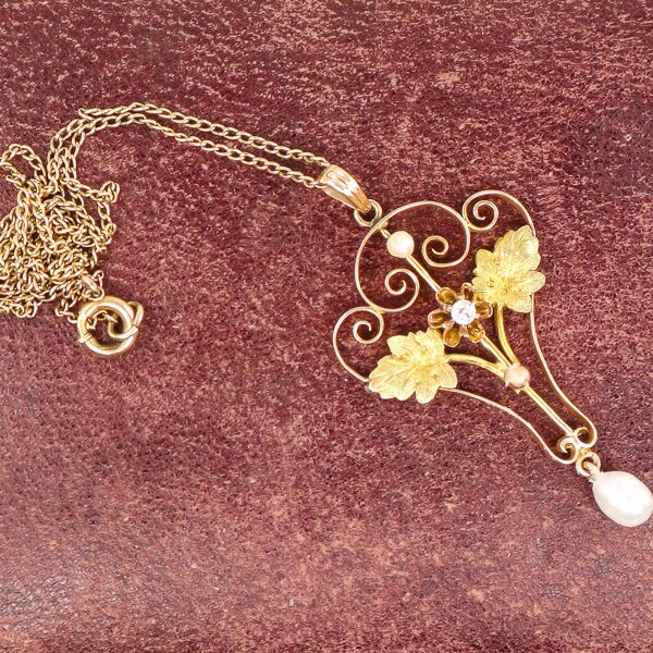 Antique Lavalier Diamond and Pearl Art Nouveau Necklace of 14k Gold Floral Pendant with Gold Filled Chain 16"