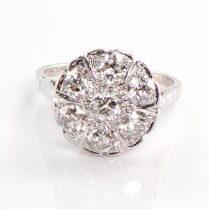 Art Deco Diamond Cluster Ring: 14k White Gold, Old European Cut, 1.75 Carat