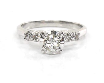 Vintage 14k White Gold Round Diamond Engagement Ring: .25 Carat Center, Size 5
