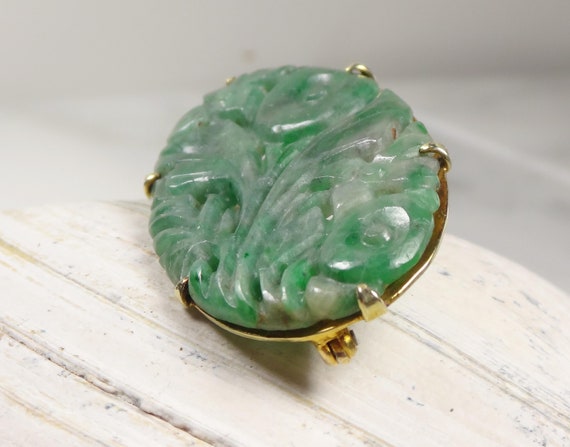 Antique 14k Gold Carved Jade Floral Pin Brooch - image 6