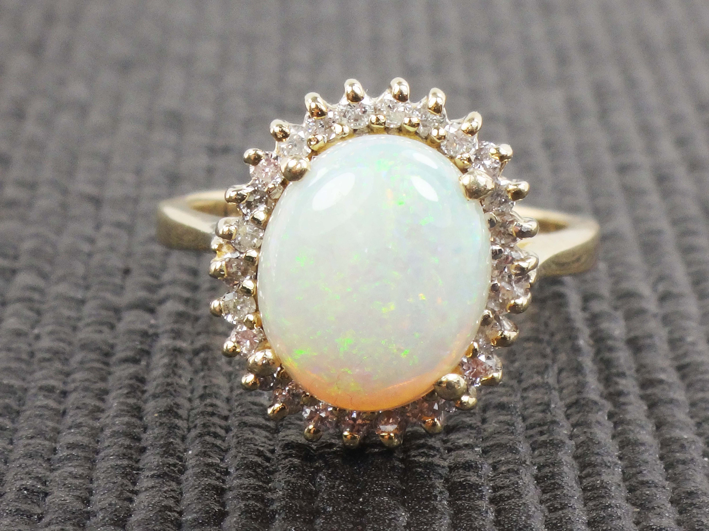 Vintage Opal Ring Opal Diamond Halo Ring 14k Yellow Gold Opal | Etsy