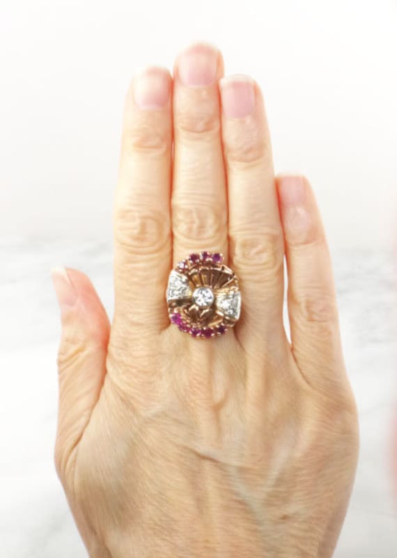 Vintage Rose Gold Natural Diamond and Ruby Ring 1… - image 10