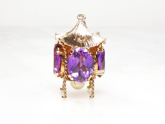 Vintage Large Gold Charm Pendant 14k Purple Sapph… - image 3