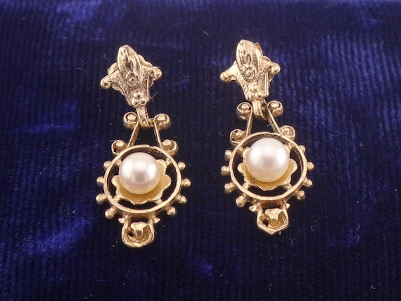 Vintage 14k Yellow Gold Cultured Pearl Dangle Ear… - image 1