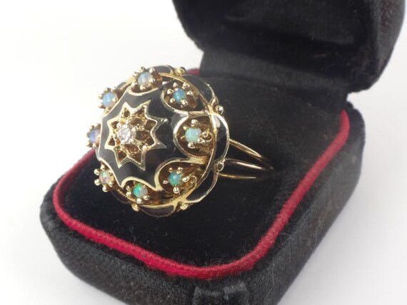 Vintage 14k Yellow Gold Opal Diamond and Black En… - image 3