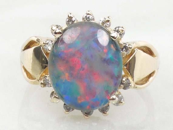 Vintage Black Opal Triplet Ring Natural Opal Diamo