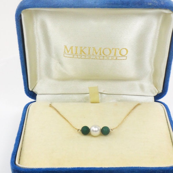 Vintage Mikimoto 14k Gold 6 MM Japanese Cultured Pearl and Malachite Choker Necklace 14.5"