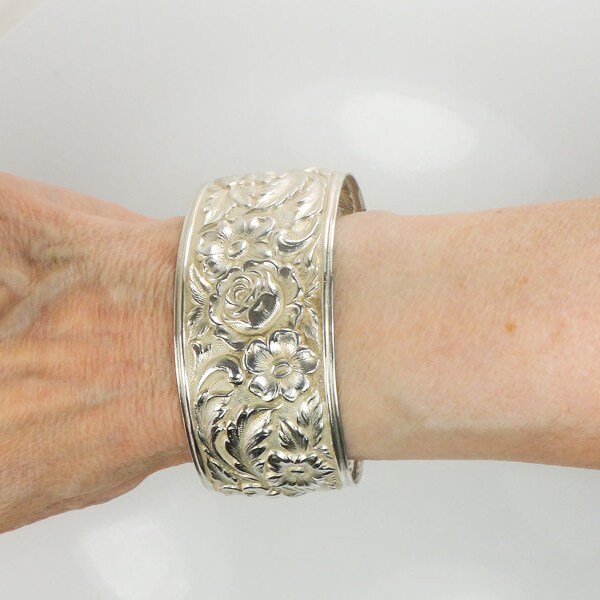 Vintage Sterling Silver S. Kirk and Son Wide Floral Repousse Cuff Bracelet 19F