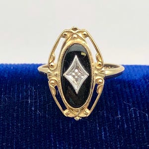 Vintage 10k Two Tone Gold Black Onyx Diamond Ring, Retro Style Ring, Size 6.75