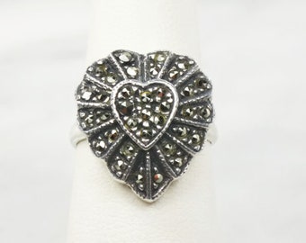 Vintage Sterling Silver Marcasite Heart Ring Size 5.75