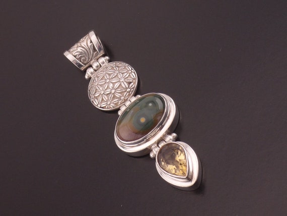 Vintage Long Sterling Silver Green Agate, Citrine… - image 3