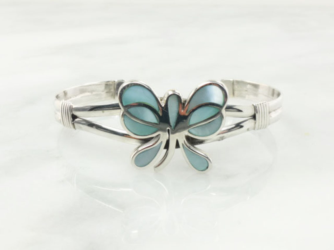 Vintage Sterling Silver Butterfly Cuff Bracelet Blue Mother Etsy