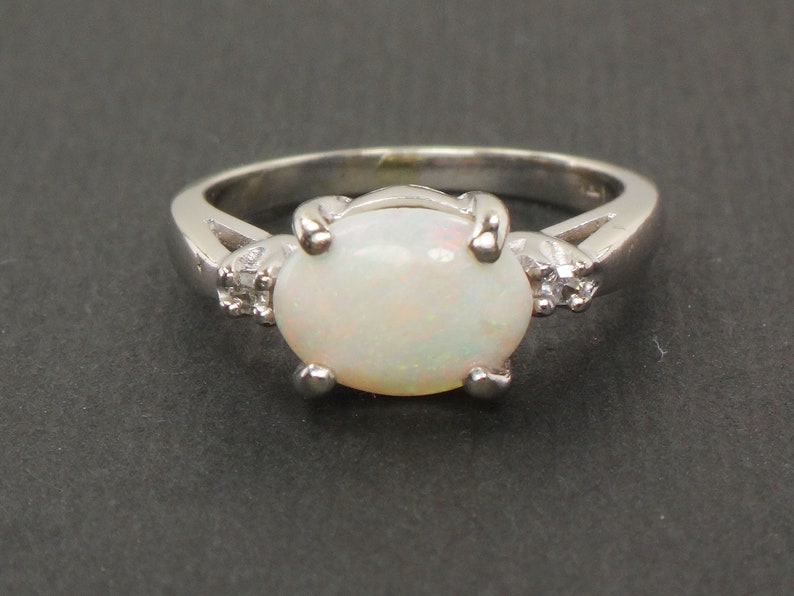 Vintage 14k White Gold Natural Opal and Diamond Ring Sideways Opal Ring Size 5 image 2