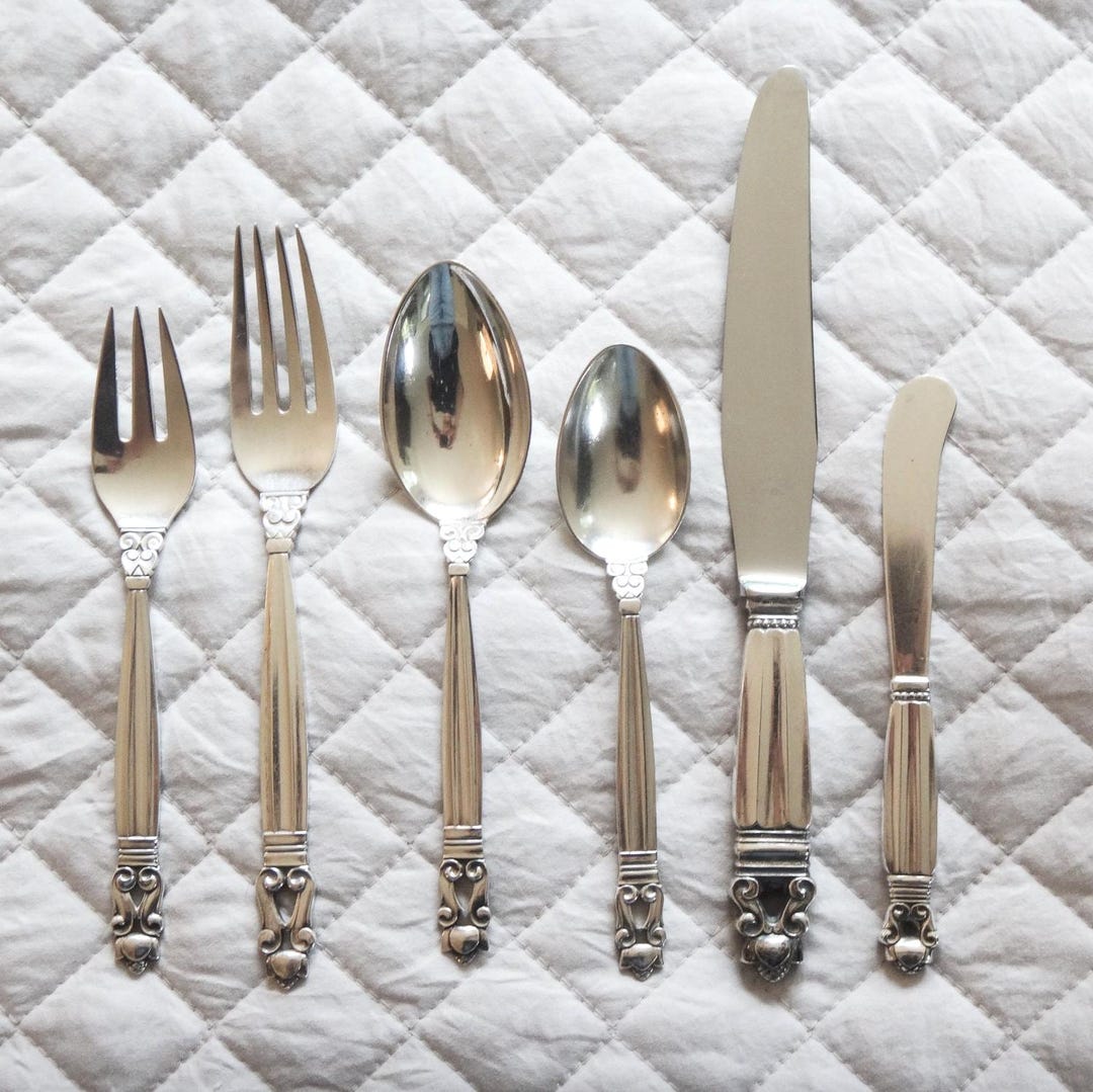 Vintage Georg Jensen Sterling Silver Acorn Flatware Set 48