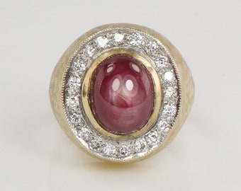 Vintage 14k Yellow Gold Large 10 Carat Natural Star Ruby and Diamond Ring