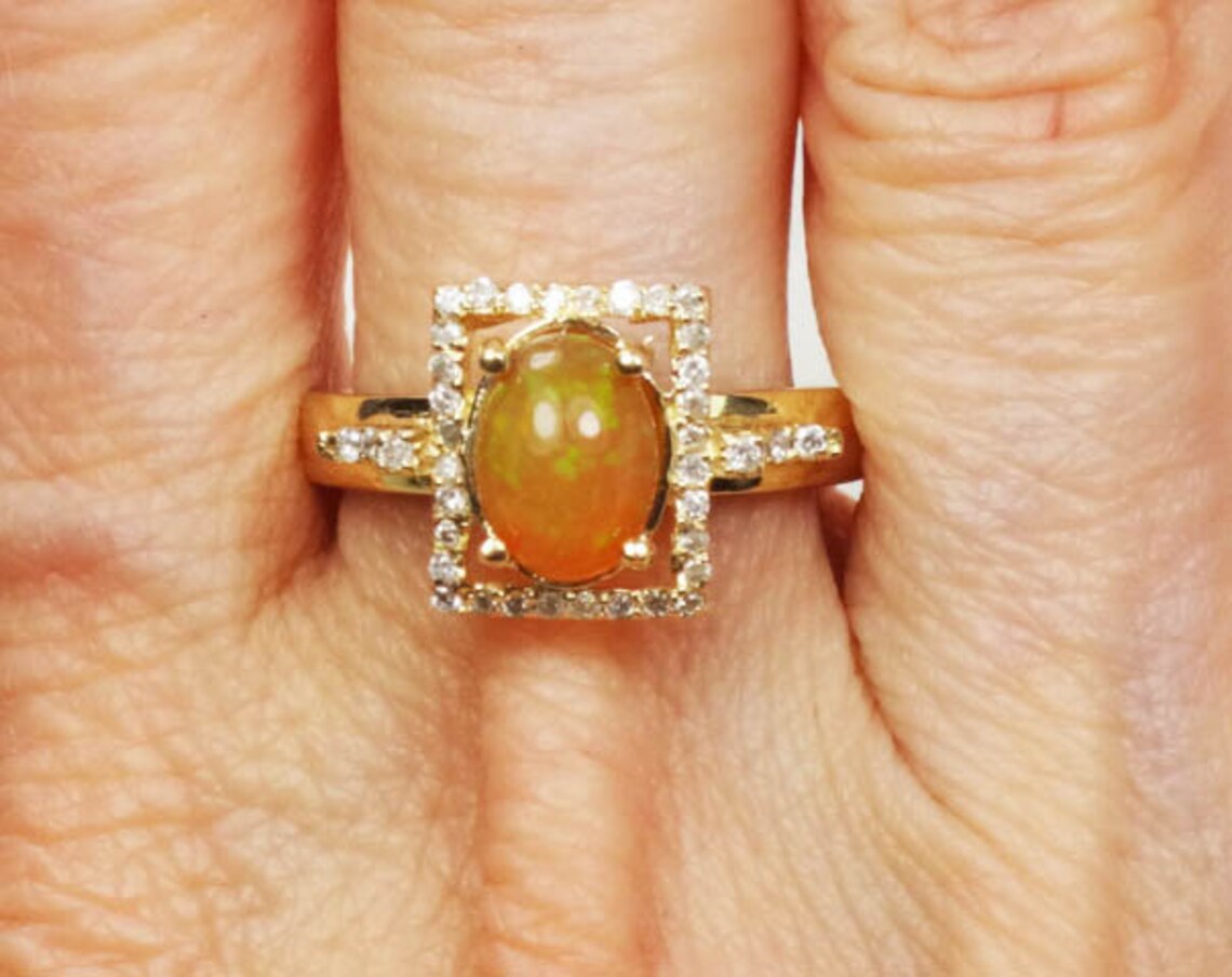 Vintage Fire Opal Ring Fire Opal Diamond Ring 14k Yellow Gold Etsy