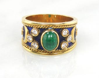 Vintage 18k Yellow Gold Emerald Diamond Ring, Enamel Cigar Band, Size 6.5