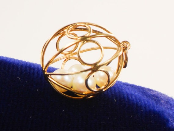 Vintage 18k Yellow Gold Cultured Pearl Ball Cage … - image 5