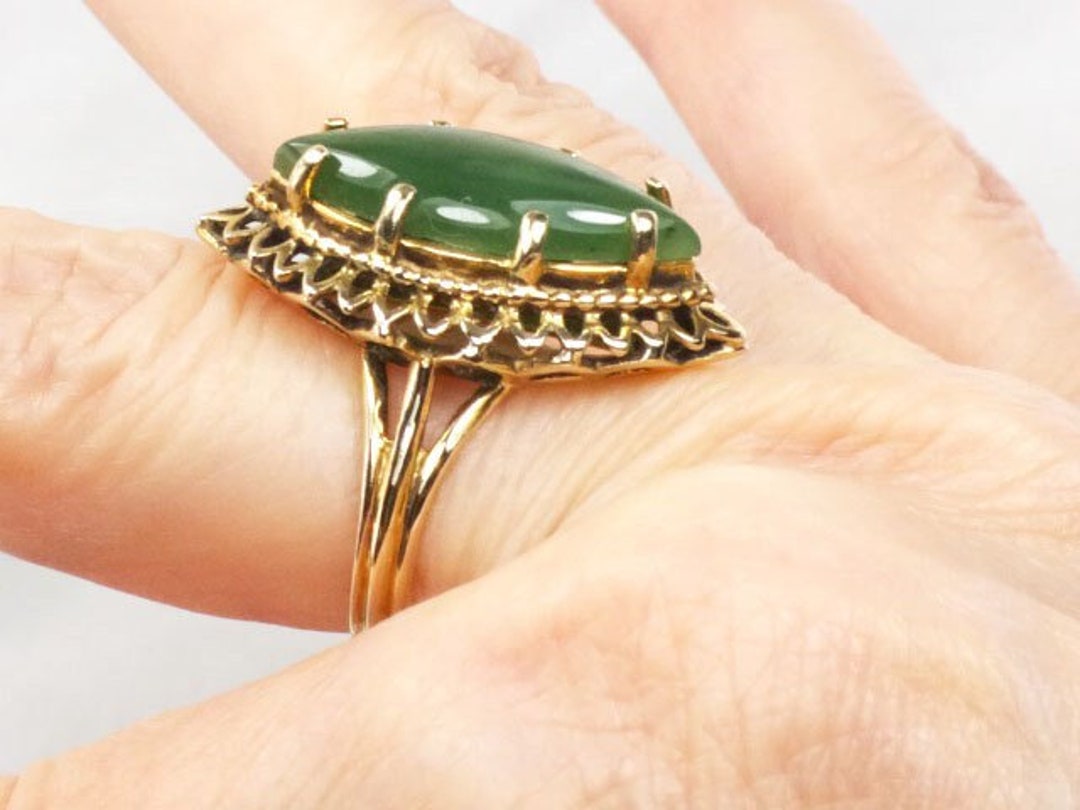 Vintage 14k oro amarillo crisoprasa anillo marquesa corte jade