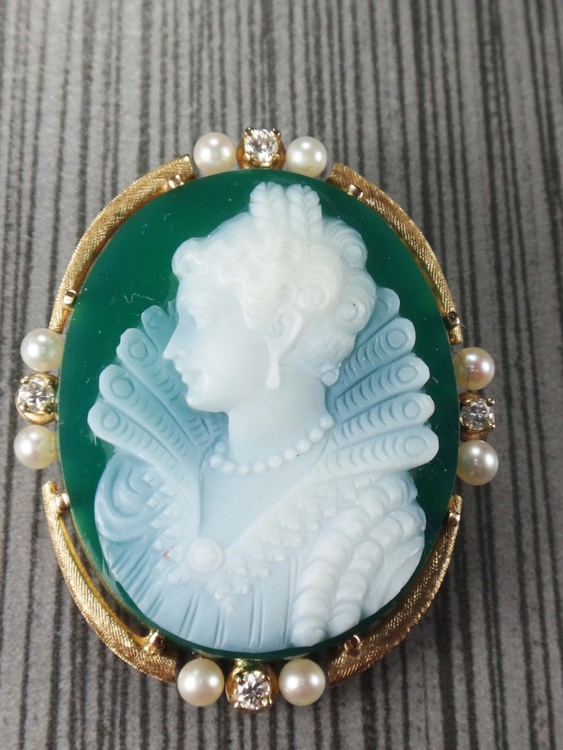 Vintage 14k Gold Green Hardstone Cameo Pendant Earrings Set: Pearl & Diamond Renaissance Revival image 5
