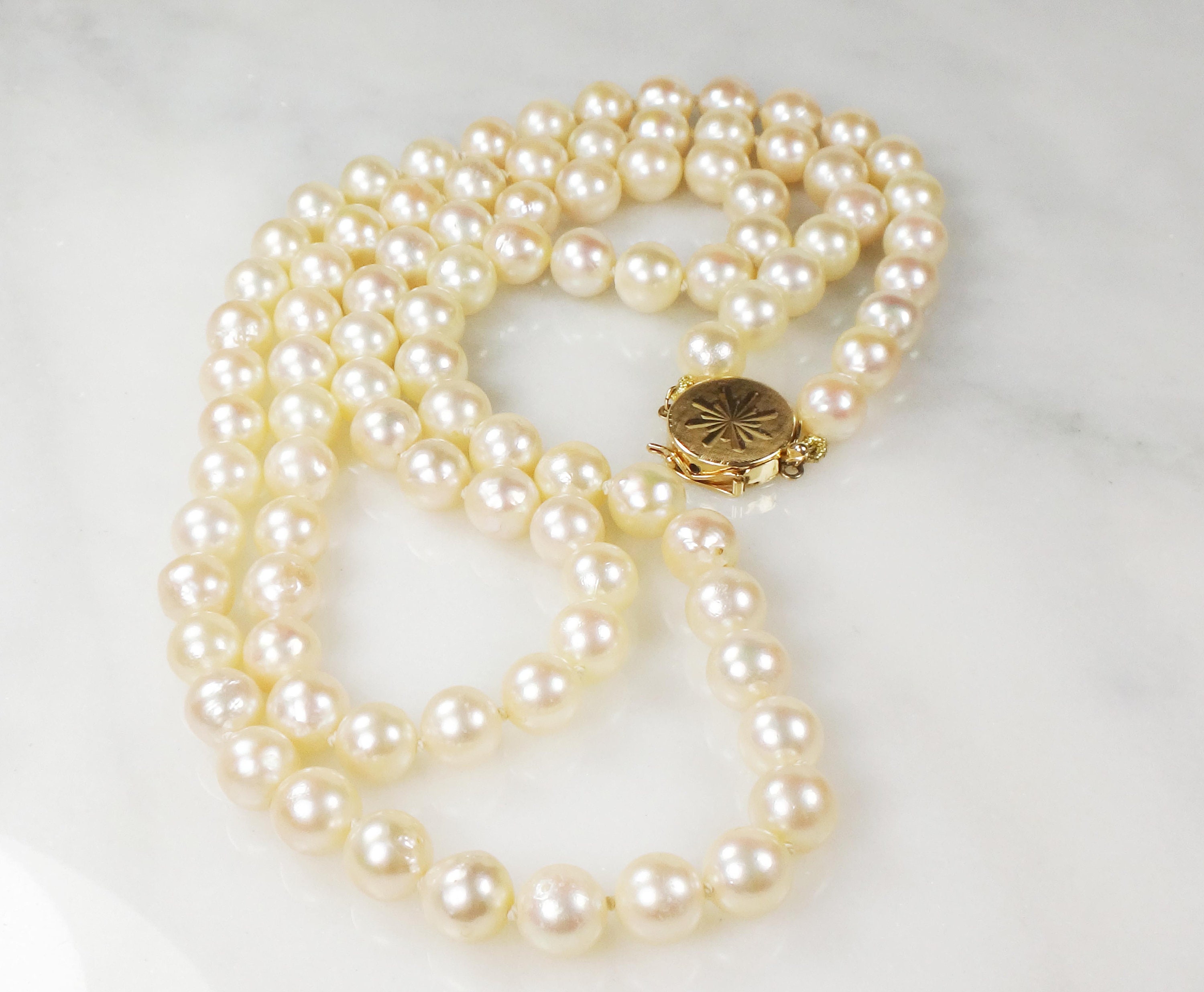 Vintage Opera Length Akoya Pearl Strand With Gold Flower Clasp