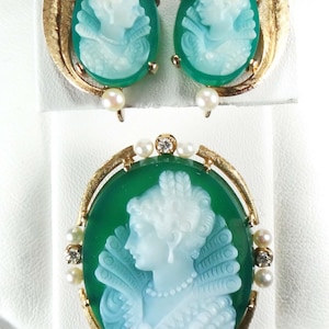 Vintage 14k Gold Green Hardstone Cameo Pendant Earrings Set: Pearl & Diamond Renaissance Revival image 2