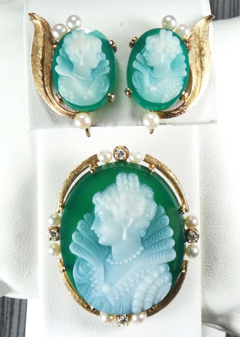 Vintage 14k Gold Green Hardstone Cameo Pendant Earrings Set: Pearl & Diamond Renaissance Revival image 2