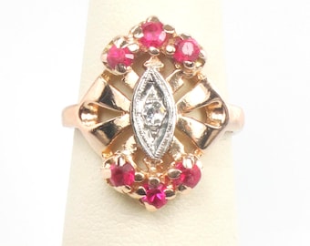 1940s Retro 14k Rose Gold Ruby Diamond Ring - July Birthstone, Size 6