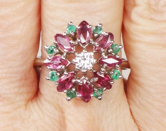 Vintage 14k Gold Natural Diamond Ruby and Emerald Cluster Ring White Gold Cocktail Ring