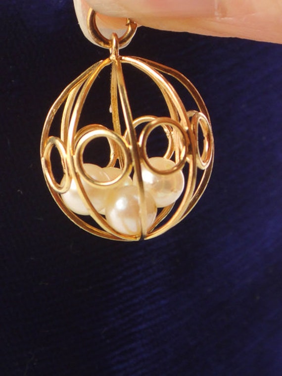 Vintage 18k Yellow Gold Cultured Pearl Ball Cage … - image 8