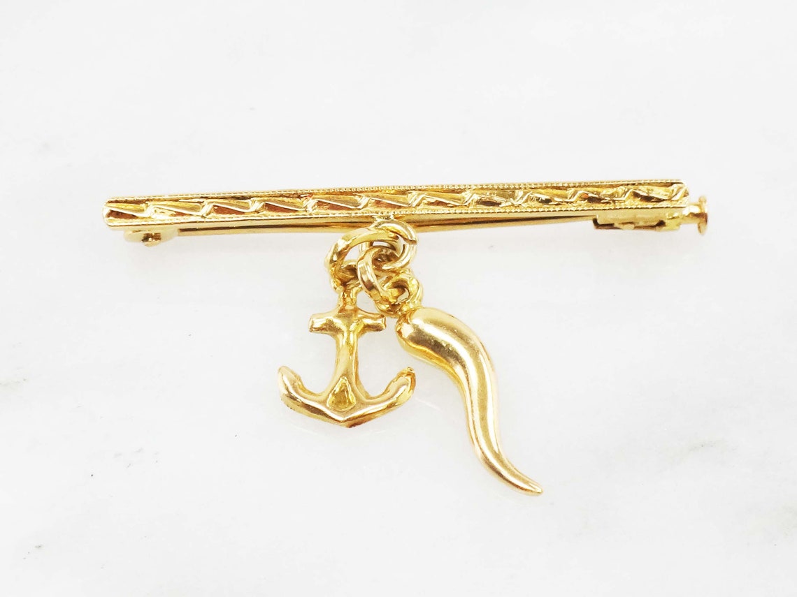 Vintage 18k Gold Baby Pin With Anchor and Italian Horn Charm Etsy