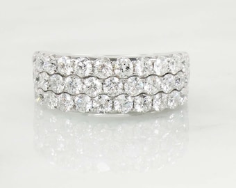 14k White Gold Natural Diamond Wedding Band Vintage Wide 3 Row Diamond Ring 2 CT TDW  Size 5.5