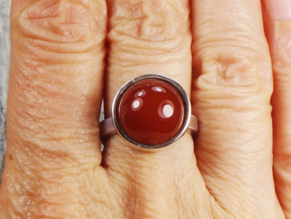 Vintage Sterling Silver Orange Glass Ring Round I… - image 1