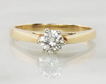 Vintage 14k Yellow Gold Round Solitaire Natural Diamond Engagement Ring Approx .35 Carat Diamond Size 6.75