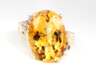 Vintage 14k Yellow Gold Citrine Diamond Ring - 10 CT November Birthstone, Size 6.75