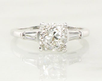 Vintage Platinum Natural Diamond Engagement Ring GIA Certified 1.33 Carat Round Transitional Brilliant Diamond Ring w Baguettes Size 6.75
