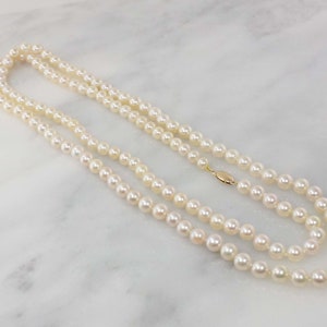 Vintage 14k Long Saltwater Cultured Pearl Necklace 6.5 MM Pearl Bridal Necklace 37.75" Rope Length Pearl Strand