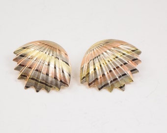 Vintage Large 14k Tri-Color Gold Stud Earrings Fancy Solid Gold Fan Shaped Earrings