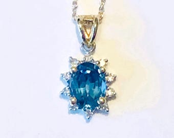 Vintage 14k  Blue Topaz and Diamond Necklace, Oval Cut Topaz Pendant, December Birthstone