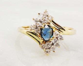 Vintage 14k Natural Blue Sapphire Diamond Ring Oval September Birthstone Ring Size 8