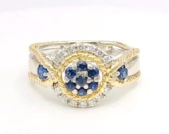Vintage 18k Two-Tone Gold Sapphire Diamond Ring: September Birthstone, Size 7