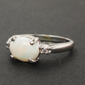 Vintage 14k White Gold Natural Opal and Diamond Ring Sideways Opal Ring Size 5 image 5