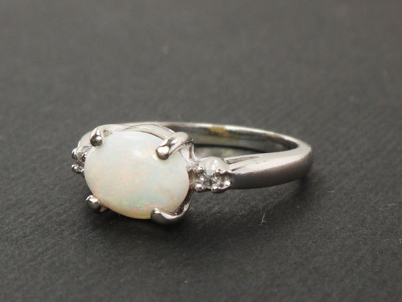 Vintage 14k White Gold Natural Opal and Diamond Ring Sideways Opal Ring Size 5 image 5