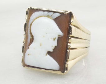 Vintage 14k Cameo Ring Antique Men's Gold Ring Carved Shell Cameo Ring Men's Ring Roman Soldier Ring Size 8 Men's Cameo Ring