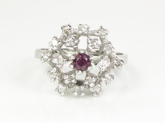 Vintage 14k White Gold Natural Ruby and Diamond C… - image 1