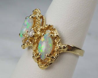 Vintage Two Marquise Opals and Diamond Ring 14k Yellow Gold Natural Australian Opal Ring - October Birthstone